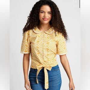 Sunflower Sojourn Tie-Waist Top Floral Crochet Lace Trim Mandala Yellow XXL NWT